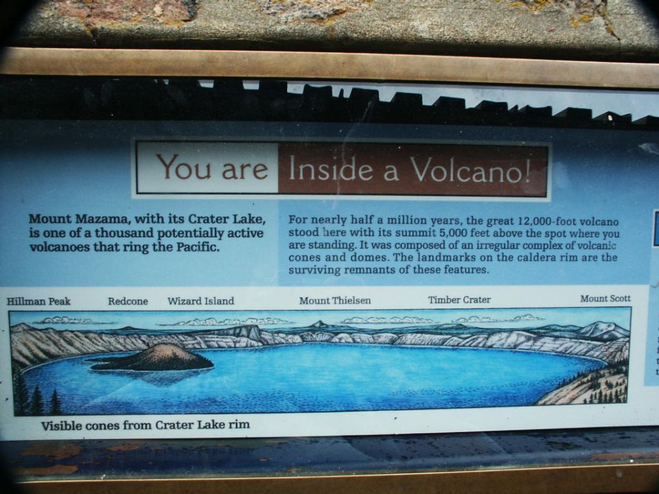 Crater Lake park sign 'You are Inside a Volcano'