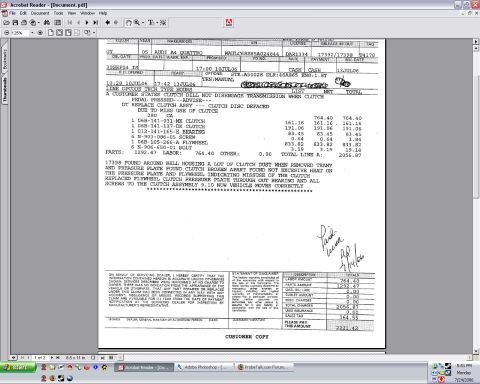 1996 Ford Probe - This document details the parts and labor for a vehicle's clutch replacement, including a description of the damage found.