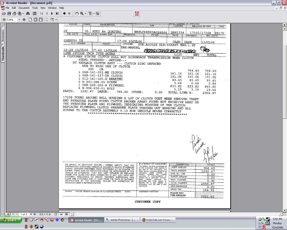 Car repair invoice detailing clutch replacement parts and labor costs
