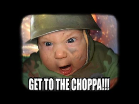 1990 Ford Bronco - Internet meme image of a baby wearing an army helmet and camouflage with the text 'GET TO THE CHOPPA!!!'; no vehicle shown.
