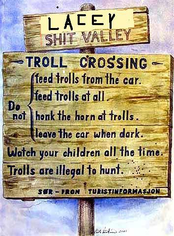 1987 Suzuki Samurai - A series of wooden signs provide humorous instructions regarding trolls.