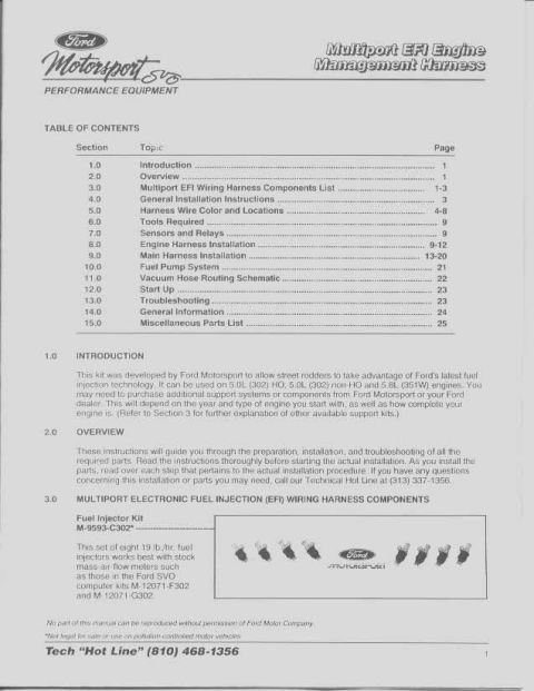 1986 Ford Bronco - Scanned first page of a Ford Motorsport SVO 'Multiport EFI Engine Management Harness' manual, showing the table of contents, introduction,…
