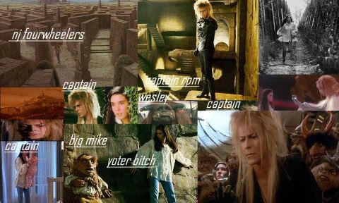 1987 Suzuki Samurai - This image is a collage of scenes and characters, likely from the movie Labyrinth, with various text labels.