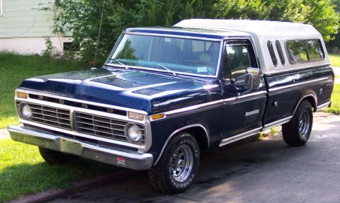 1975 Ford F-150 - This 1975 Ford F-150 pickup truck is seen from the front three-quarter view.