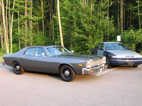 1991 Ford LTD Crown Victoria - Two sedans are parked in a lot with trees in the background.