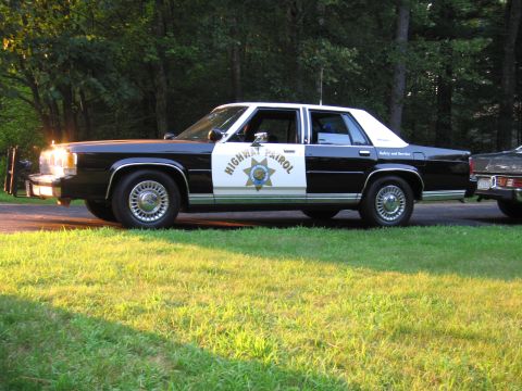 1991 Ford LTD Crown Victoria - A 1991 Ford Crown Victoria LTD police car is parked on a grassy area next to another vehicle.