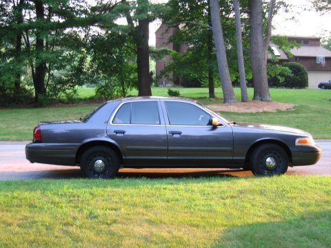 1991 Ford LTD Crown Victoria - A gray 1991 Ford Crown Victoria is parked on the side of a road with a grassy lawn in the foreground and trees and houses in the background.