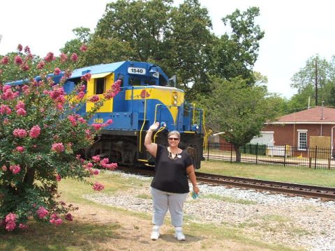 1966 Ford Ranchero - A woman waves in front of a blue and yellow train numbered 1540.