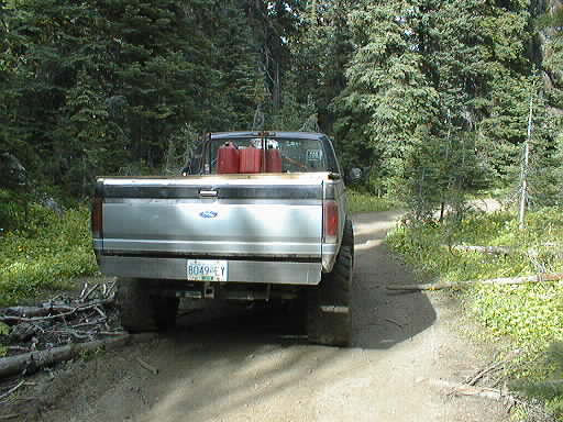 Rear view of a 1995 Ford F-150 pickup truck on a dirt road with two red gas cans in the bed