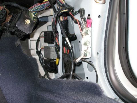 2001 Ford Crown Victoria - Note the clipped grounds from formerly installed emergency equipment. The dome light wire is in the wiring bundle at the top of the picture.