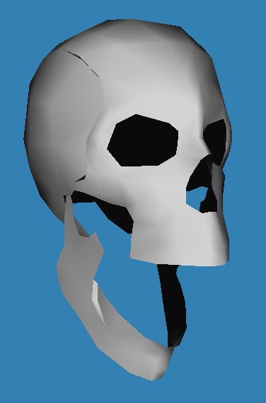 1969 Ford Mustang - A 3D rendering of a human skull, with the mandible separated from the cranium.