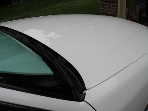 2001 Ford Crown Victoria - A close-up view of a white car's hood and the base of the windshield, showing water spots.