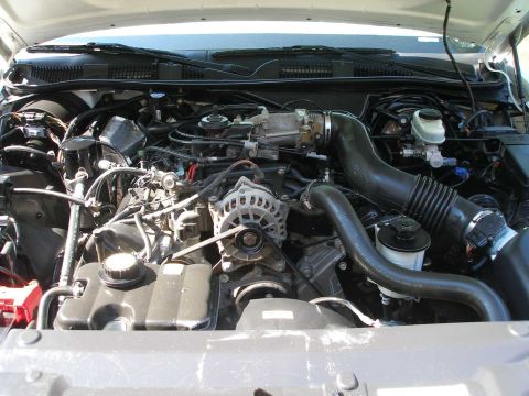 2001 Ford Crown Victoria - The engine bay of a 2001 Ford Crown Victoria is visible, with various components of the V8 engine clearly displayed.