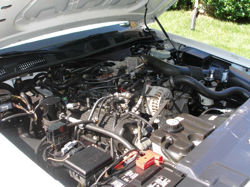 2001 Ford Crown Victoria engine bay with V8 engine, alternator, and battery visible