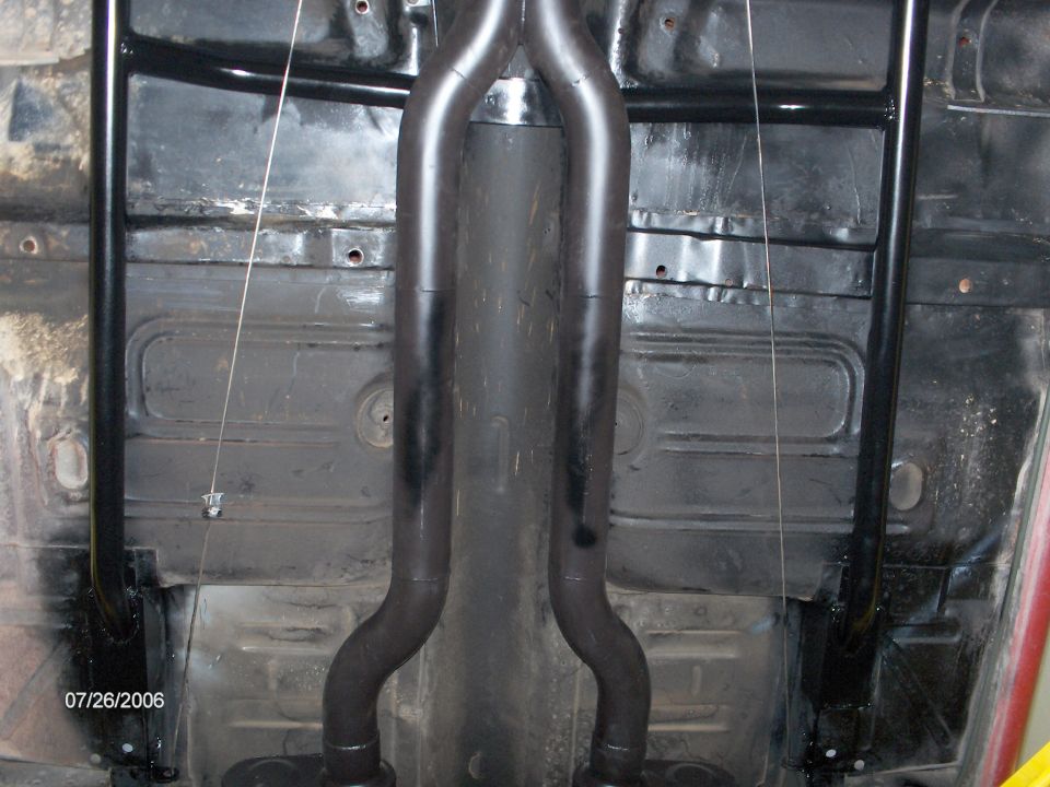 Underbody view of a dual exhaust system mounted under a vehicle floor