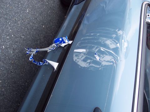1991 Ford LTD Crown Victoria - Car door damage with a torn decal visible on the side panel.
