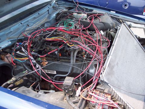 1991 Ford LTD Crown Victoria - The engine bay is filled with a chaotic tangle of wires, with the radiator removed and leaning to the side.