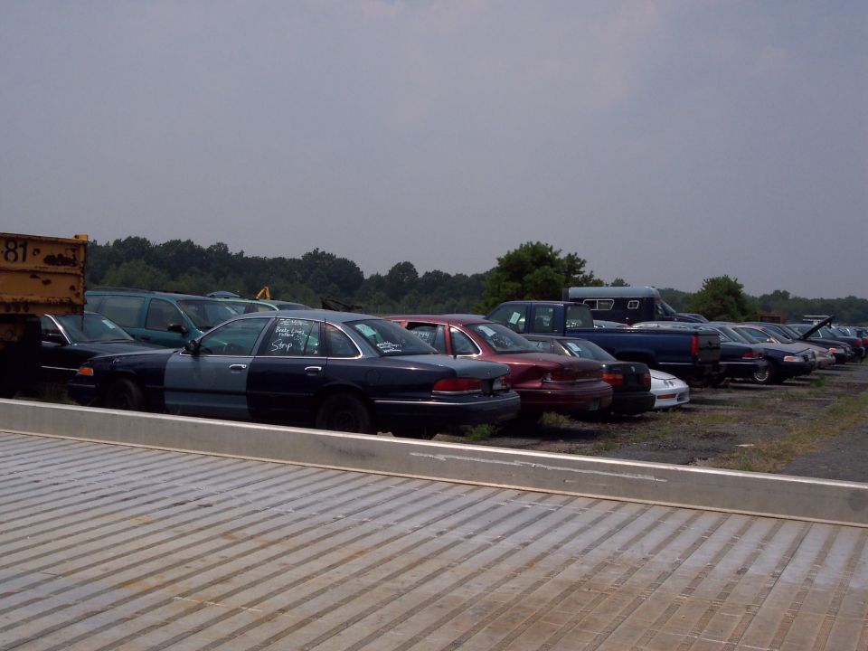 Two-tone Ford Crown Victoria parked in a lot with other cars. Text on window says 'Body Lines Step'