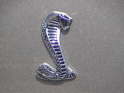 1989 Ford Mustang - A close-up of a chrome cobra emblem, likely a car badge, against a textured background.