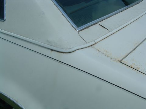 1975 Ford Torino - Detail of a car's vinyl roof and trunk lid, showing signs of wear and rust.