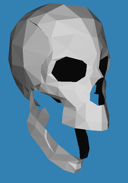 1969 Ford Mustang - A polygonal 3D model of a human skull is shown against a solid blue background.