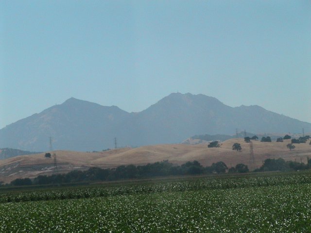 Hazy mountains rise above rolling hills and a field of green crops. Power lines are visible on the hillsides