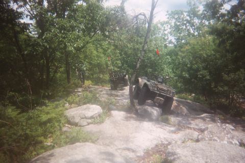 2004 Honda TRX 450 FM - Two ATVs are shown traversing a challenging rocky path in a wooded area.