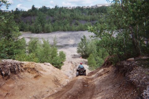 2004 Honda TRX 450 FM - An ATV rider navigates a challenging dirt trail through a wooded landscape.