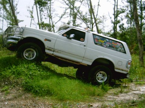 1995 Ford Bronco - This Ford Bronco is shown off-roading on a grassy incline, with numerous stickers adorning its rear window.