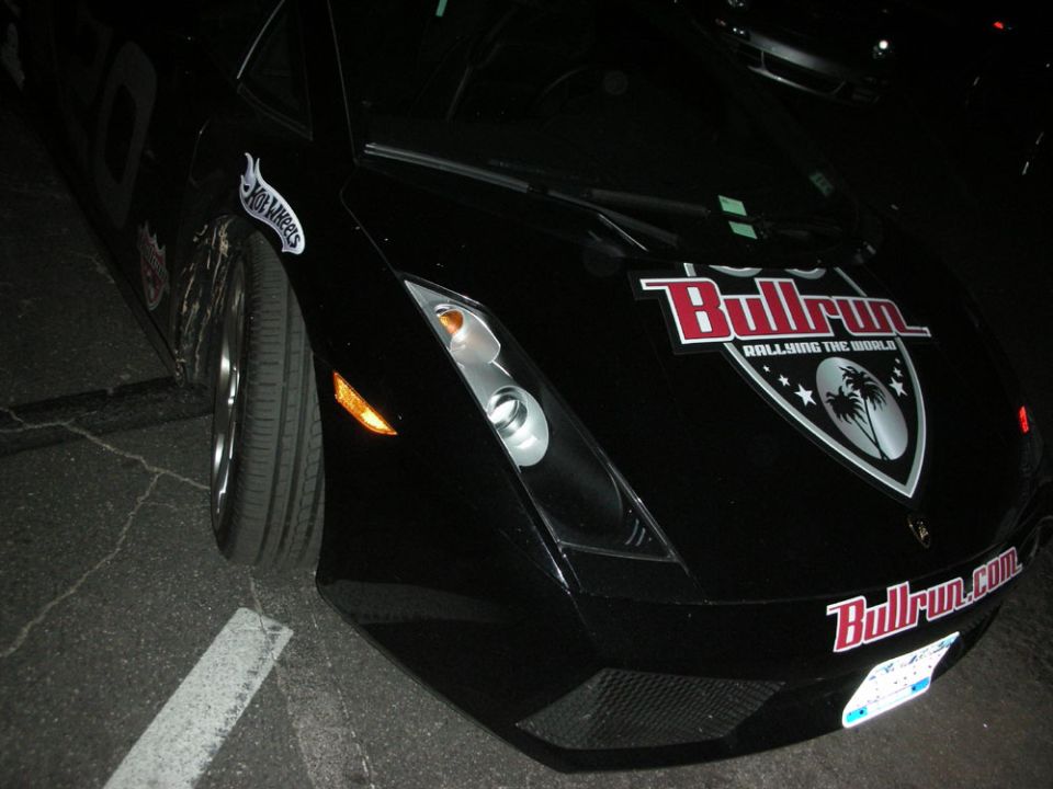 Black Lamborghini Gallardo with Bullrun rally decals and Hot Wheels sticker