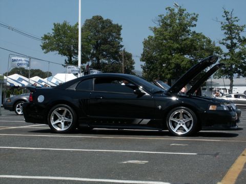 2001 Mercury Grand Marquis - A black Ford Mustang is parked at an outdoor car show with its hood open, showing off its engine.