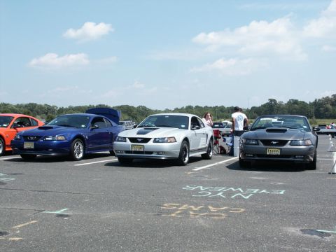 2001 Mercury Grand Marquis - Three Ford Mustangs are parked in a lot, one silver, one blue, and one gray.