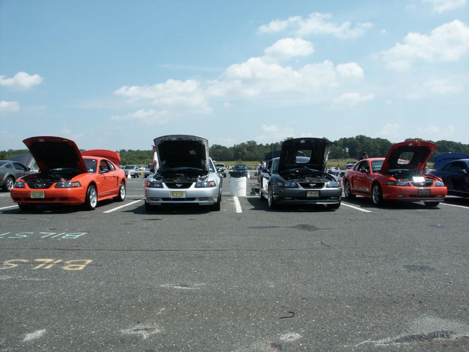 Four Ford Mustangs parked in a lot, hoods open. Orange, silver, dark gray, and red