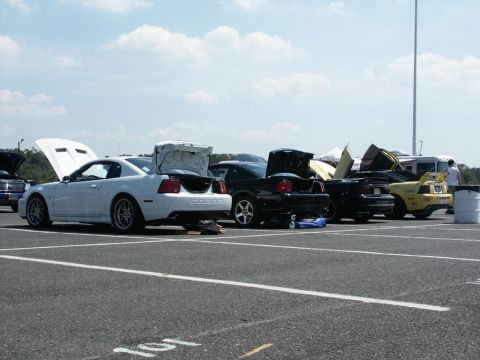 2001 Mercury Grand Marquis - Several cars are parked in a lot with their hoods and trunks open under a cloudy sky.