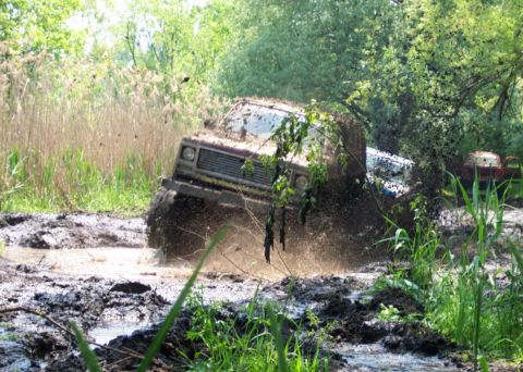 1978 Ford Bronco - Mud-caked lifted Ford 4x4 blasting through a deep mud hole in a wooded, overgrown trail, throwing sprays of brown mud from its tires. The b…