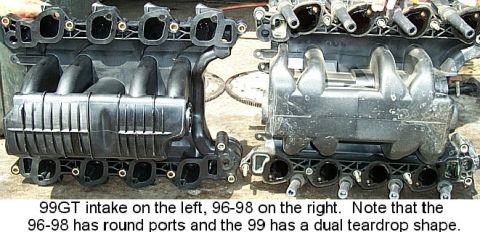 1992 Ford Crown Victoria - Two intake manifolds side by side comparing 99GT round-port design to 96-98 dual-teardrop port shape.