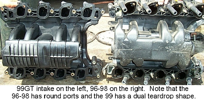 Comparison of two intake manifolds, 99GT versus 96-98, with explanatory caption
