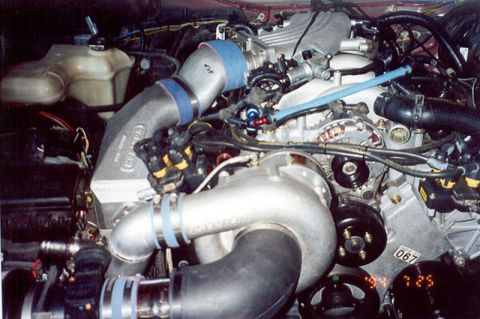 1992 Ford Crown Victoria - Underhood view of a fuel-injected V8 fitted with a Paxton centrifugal supercharger, its polished discharge tubing joined by blue silicone c…