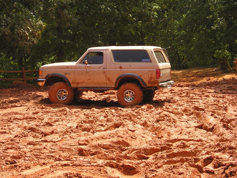 Tan Ford Bronco stuck in thick mud, trees in background