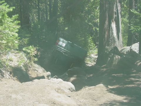 1986 Ford Bronco - Off-road vehicle navigating difficult terrain in a wooded area.
