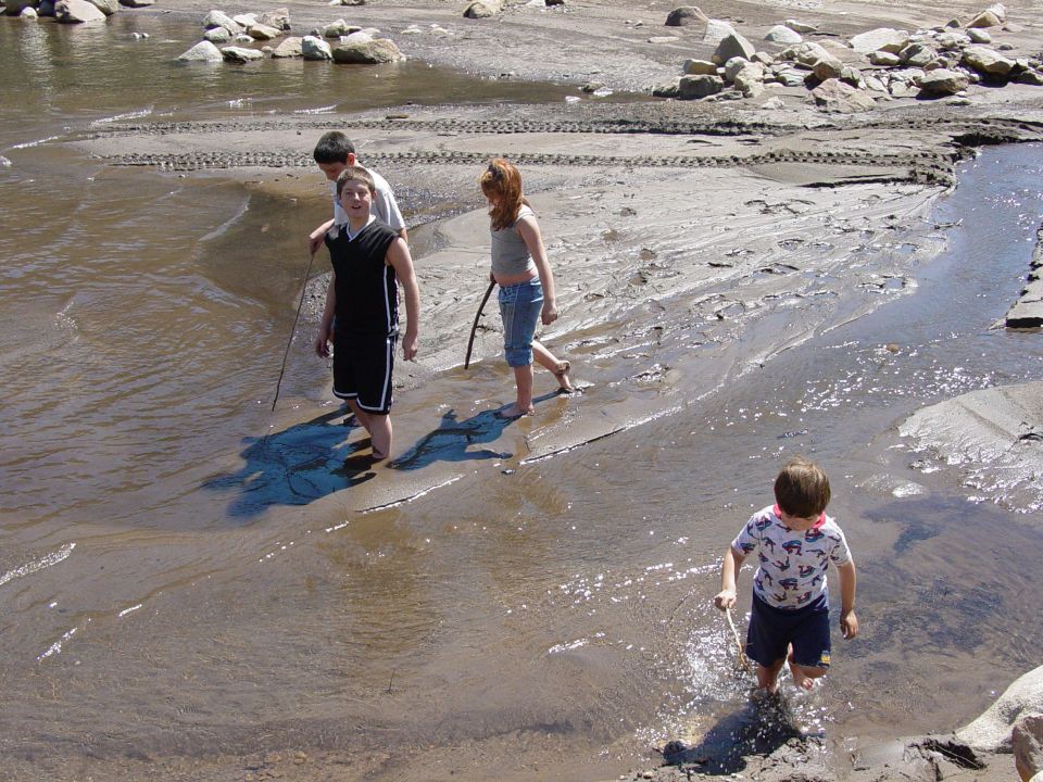 Four children wading in shallow water and mud near rocks and tire tracks