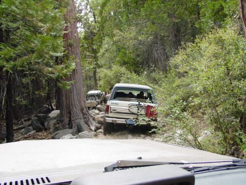 1986 Ford Bronco - Two SUVs navigate a challenging, rocky path through a dense forest.