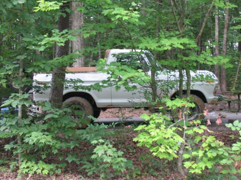 1995 Ford C-350 (Centurion Conversions) - A white pickup truck with a brown soft top is parked amongst trees, viewed from its side.