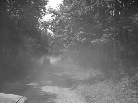 1996 Ford Bronco - A truck drives down a dusty, tree-lined dirt road, with another vehicle visible in the foreground.