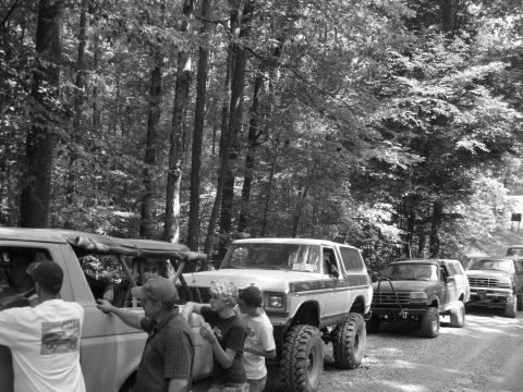 1996 Ford Bronco - Several off-road vehicles are lined up on a wooded dirt road.