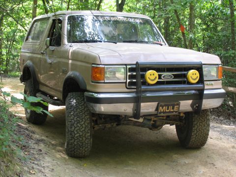 1995 Ford C-350 (Centurion Conversions) - This Ford Bronco is parked on a wooded trail with a bull bar and custom lights.