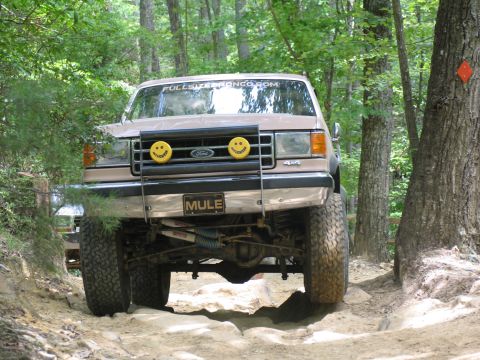 1995 Ford C-350 (Centurion Conversions) - This modified Ford F-Series truck navigates a challenging off-road path through a wooded area.