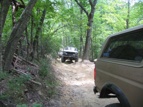 1995 Ford C-350 (Centurion Conversions) - Off-road vehicles navigate a wooded trail during an event.