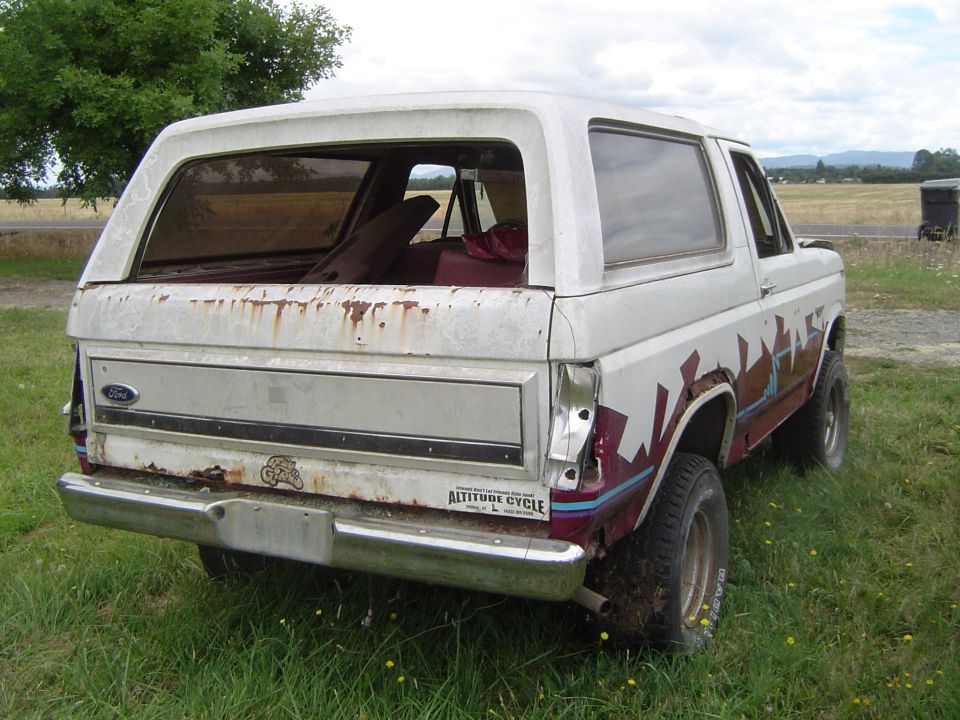 Rusty white Ford Bronco with maroon zigzag graphics parked in a grassy field, rear view