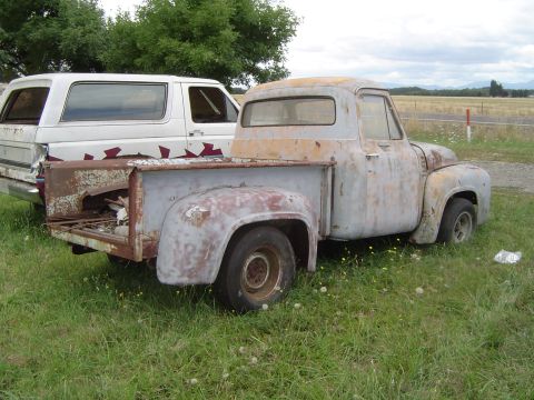 1955 Ford F-100 - A weathered pickup truck sits beside a white SUV, both appearing to be in disrepair.